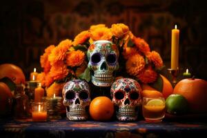 dia do a morto, dia de los muertos celebração fundo com açúcar crânio, ai gerado foto