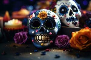 dia de los muertos celebração fundo com açúcar crânio, malmequeres flores, ai gerado foto