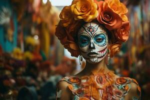 dia do a morto. mulher com açúcar crânio Maquiagem em uma floral fundo dentro a rua. ai gerado foto
