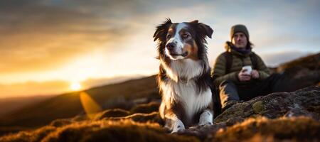 caminhada com a cachorro, uma jovem homem e dele ativo fronteira collie cachorro sentado em penhasco Rocha para levar uma Visão do nascer do sol depois de grandes trilha caminhada dentro a montanha picos. Atividades com animal. ai generativo foto