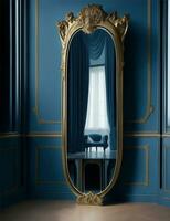 à moda espelho com ouro quadro, Armação dentro uma Sombrio azul quarto ilustração foto