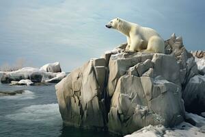 uma branco polar Urso é sentado em uma Rocha . ai gerado foto