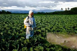 jardineiro em traje de proteção e máscara de spray de inseticida e produtos químicos foto