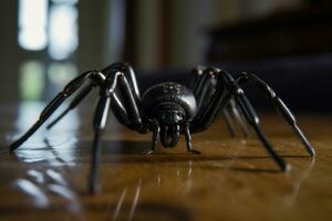 uma grande Preto aranha rasteja em a mesa. gerado por IA foto