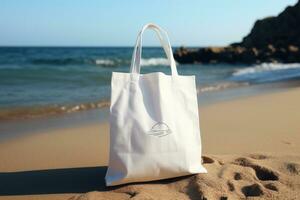 uma branco saco com alças carrinhos em a de praia em a areia. ai gerado foto