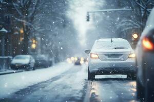 carro tráfego em Nevado escorregadio estrada às inverno temporada. generativo ai foto