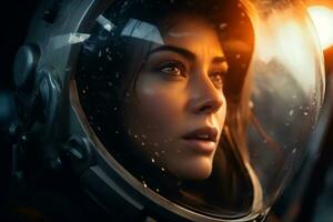 uma lindo mulher dentro uma espaço terno olhando Fora para a nave espacial janela ai generativo foto