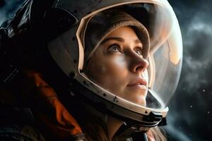 uma lindo mulher dentro uma espaço terno olhando Fora para a nave espacial janela ai generativo foto