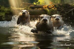 grupo do brincalhão lontras natação dentro a rio ai generativo foto