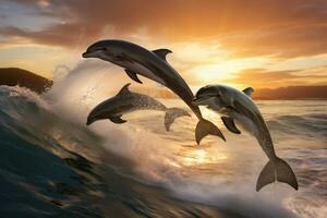 golfinho pulando às pôr do sol dentro a oceano ai generativo foto