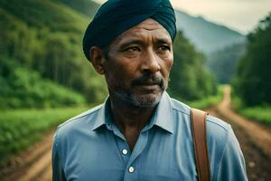 uma homem vestindo uma turbante carrinhos em uma sujeira estrada. gerado por IA foto