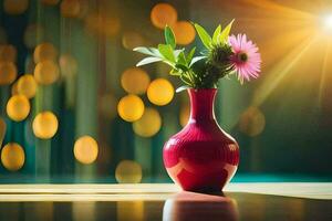 uma vermelho vaso com flores em uma mesa dentro frente do uma brilhante claro. gerado por IA foto