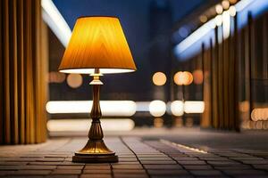 uma luminária em uma tijolo passarela às noite. gerado por IA foto