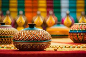 colorida vasos estão exibido em uma mesa. gerado por IA foto