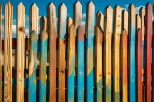 uma colorida cerca com pintado madeira. gerado por IA foto