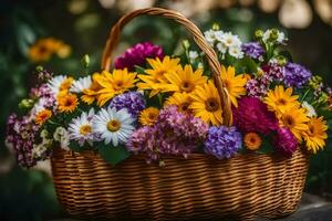 uma cesta preenchidas com colorida flores em uma de madeira superfície. gerado por IA foto