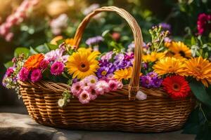 uma cesta cheio do colorida flores em uma pedra. gerado por IA foto