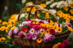 uma cesta cheio do colorida flores sentado em uma gramíneo área. gerado por IA foto