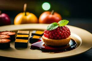 uma sobremesa em uma prato com fruta e chocolate. gerado por IA foto