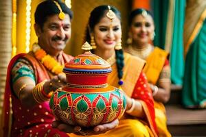 uma homem e mulher dentro tradicional indiano vestuário estão segurando uma Panela. gerado por IA foto