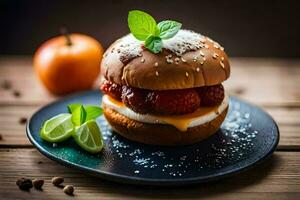 uma Hamburger com morangos e queijo em uma placa. gerado por IA foto