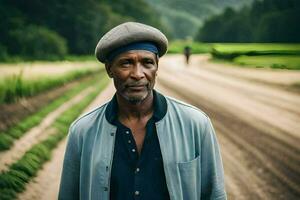 a africano homem em pé dentro uma campo. gerado por IA foto