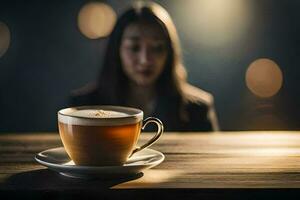 uma mulher senta às uma mesa com uma copo do café. gerado por IA foto