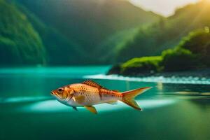 uma peixe natação dentro a água perto uma montanha. gerado por IA foto