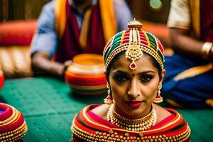 uma mulher dentro tradicional indiano vestuário é sentado dentro frente do uma mesa. gerado por IA foto