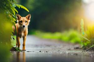 uma pequeno cachorro em pé em a lado do uma estrada. gerado por IA foto