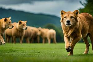 uma grupo do Castanho cachorros corrida dentro a grama. gerado por IA foto