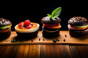 uma grupo do mini sobremesas em uma de madeira bandeja. gerado por IA foto