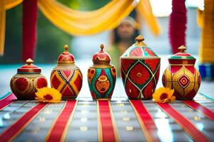 uma mesa com colorida vasos e flores gerado por IA foto