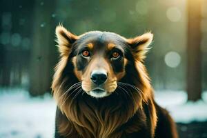 uma cachorro com grandes cabelo em pé dentro a neve. gerado por IA foto