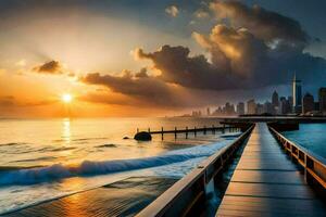 a Sol sobe sobre a cidade Horizonte e a oceano. gerado por IA foto
