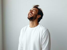 feliz europeu homem dentro casual roupas contra uma neutro fundo ai generativo foto