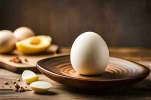 a ovo senta em uma de madeira prato com uma faca e alguns nozes. gerado por IA foto