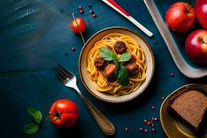 espaguete com almôndegas e tomates em uma azul mesa. gerado por IA foto