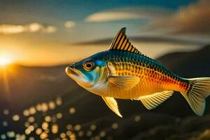 uma peixe é vôo dentro a ar às pôr do sol. gerado por IA foto