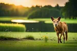 uma cachorro é caminhando dentro uma campo às pôr do sol. gerado por IA foto