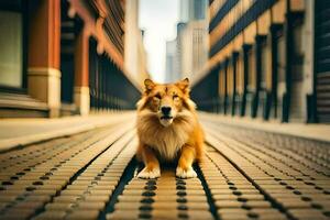 uma cachorro sentado em uma rua dentro uma cidade. gerado por IA foto