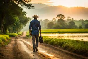 uma homem caminhando baixa uma sujeira estrada com uma chapéu. gerado por IA foto