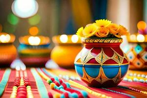 colorida vasos com flores em uma mesa. gerado por IA foto