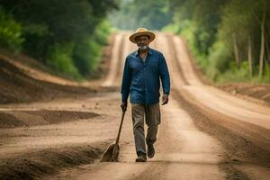 uma homem caminhando baixa uma sujeira estrada com uma vassoura. gerado por IA foto