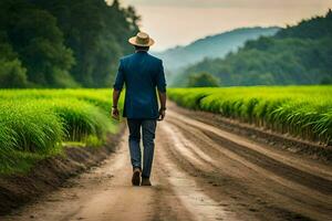 uma homem dentro uma terno e chapéu anda em baixa uma sujeira estrada. gerado por IA foto