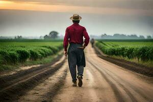 uma homem dentro uma vermelho camisa e chapéu caminhando baixa uma sujeira estrada. gerado por IA foto