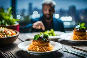 uma homem é comendo espaguete com uma Visão do a cidade. gerado por IA foto