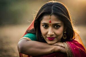 uma mulher dentro uma sari poses para uma retrato. gerado por IA foto