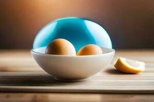 dois ovos dentro uma tigela com uma azul vidro esfera. gerado por IA foto
