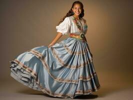 sorridente jovem mulher do mexicano descida vestido dentro elegante vestir em cinzento fundo ai generativo foto